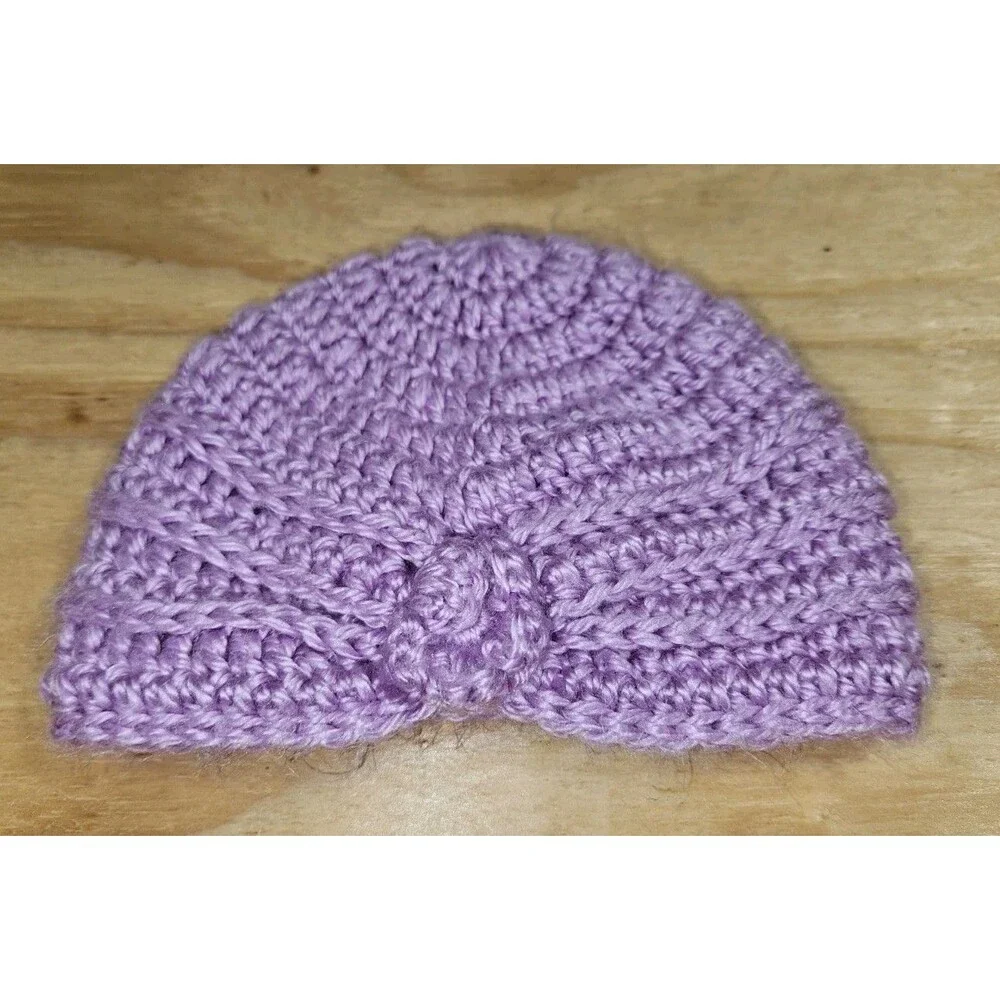 Handmade Crochet Toddler Winter Hat Beanie Purple Flower Knit Girl